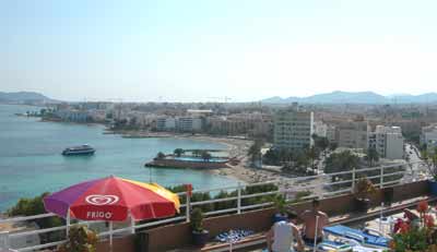 Looking down on Figueretes from the hill top located Cenit apartments pool